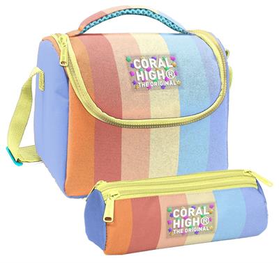 Coral High Kız Çocuk Turuncu Sarı Mavi Renkli Çizgili Thermo Beslenme Çantası ve Üç Bölmeli Kalemlik Seti
