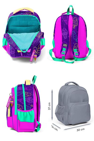 Coral High Kız Çocuk Üç Gözlü İlkokul Çanta Seti - Mor Pembe Dondurma Desenli