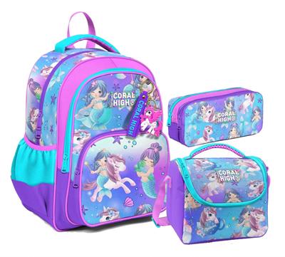Coral High Kız Çocuk Üç Gözlü İlkokul Çanta Seti - Mor Pembe Unicorn Desenli