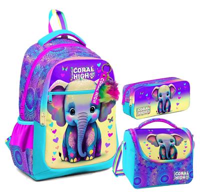 Coral High Kız Çocuk Üç Gözlü İlkokul Çanta Seti - Pembe Turkuaz Fil Desenli