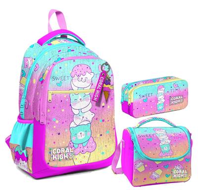 Coral High Kız Çocuk Üç Gözlü İlkokul Çanta Seti - Renkli Dondurmalı Kedi Desenli