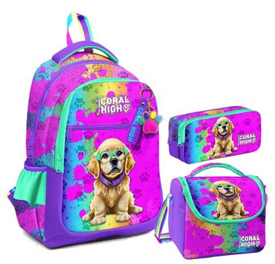 Coral High Kız Çocuk Üç Gözlü İlkokul Çanta Seti - Mor Pembe Köpek Desenli