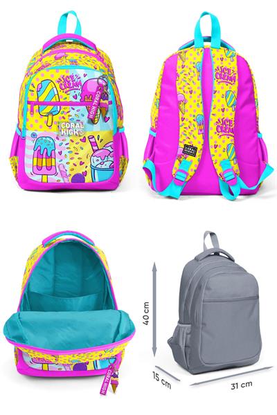 Coral High Kız Çocuk Üç Gözlü İlkokul Çanta Seti - Mixed Dondurma Desenli