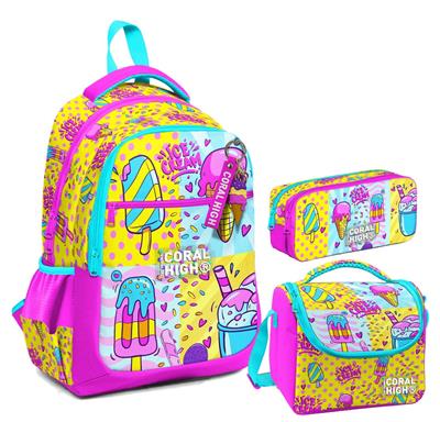 Coral High Kız Çocuk Üç Gözlü İlkokul Çanta Seti - Mixed Dondurma Desenli