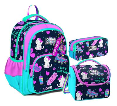 Coral High Kız Çocuk Üç Gözlü İlkokul Çanta Seti - Lacivert Pembe Kedili Desenli