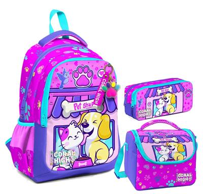 Coral High Kız Çocuk Üç Gözlü İlkokul Çanta Seti - Kedi Köpek Desenli