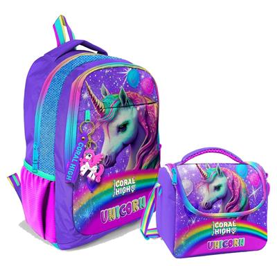 Coral High Kız Çocuk Üç Gözlü İlkokul ve Ortaokul Sırt Çantası+Beslenme - Mor Simli Unicorn
