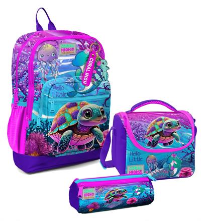 Coral High Kız Çocuk Üçlü İlkokul Okul Çanta Seti - Pembe Mor Kaplumbağa
