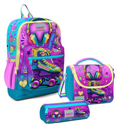 Coral High Kız Çocuk Üçlü İlkokul Okul Çanta Seti - Pembe Turkuaz Kulaklık Paten