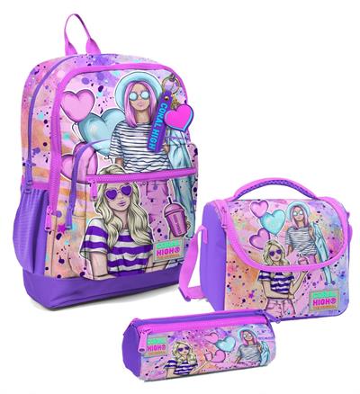 Coral High Kız Çocuk Üçlü İlkokul Okul Çanta Seti - Pembe Mor Fashion Girl
