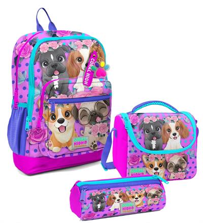 Coral High Kız Çocuk Üçlü İlkokul Okul Çanta Seti - Pembe Köpek