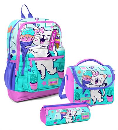 Coral High Kız Çocuk Üçlü İlkokul Okul Çanta Seti - Turkuaz Pembe Dondurmalı Kedi
