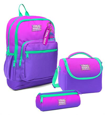 Coral High Kız Çocuk Üçlü İlkokul Okul Çanta Seti - Pembe Mor Renk Geçişli