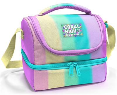 Coral High Kız Çocuk Yeşil Pembe Sarı Çizgi Desenli İki Katlı Okul Beslenme Çantası 37214