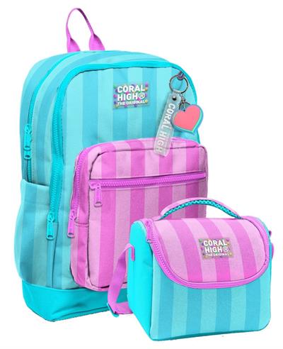 Coral High Kız Çocuklar İçin Dayanıklı İkili İlk Okul Çanta Seti  - Turkuaz Pembe Çizgili