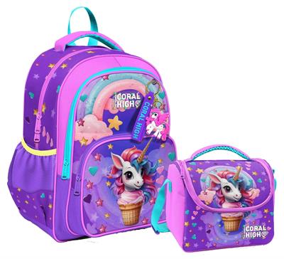 Coral High Kız Çocuklara Özel İlkokul Çantası ve Beslenme Çantası Takım - Mor Pembe Dondurma Unicorn