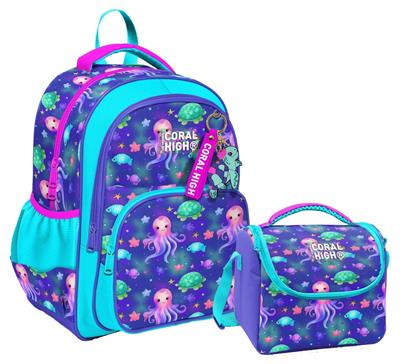 Coral High Kız Çocuklara Özel İlkokul Çantası ve Beslenme Çantası Takım - Lavanta Turkuaz Deniz Anası