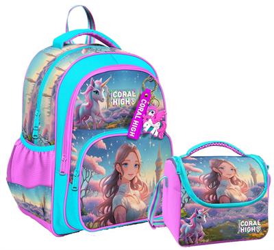 Coral High Kız Çocuklara Özel İlkokul Çantası ve Beslenme Çantası Takım - Turkuaz Pembe Anime Kız