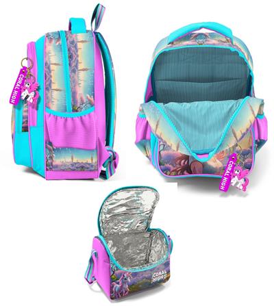 Coral High Kız Çocuklara Özel İlkokul Çantası ve Beslenme Çantası Takım - Turkuaz Pembe Anime Kız