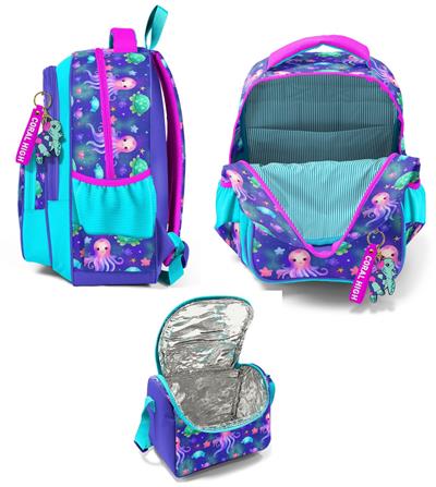 Coral High Kız Çocuklara Özel İlkokul Çantası ve Beslenme Çantası Takım - Lavanta Turkuaz Deniz Anası