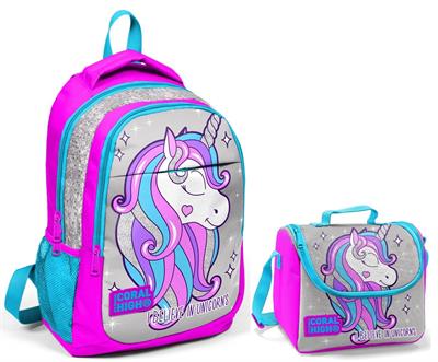 Coral High Kız Gri Unicorn Okul Sırt Çantası ve Beslenme Çantası