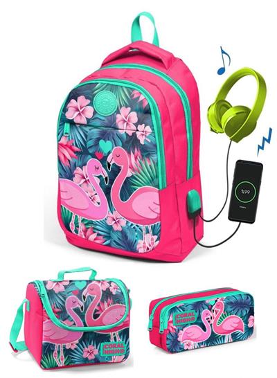 Coral High Kız Narçiçeği Flamingo 3lü Çanta Takımı - USB Soketli