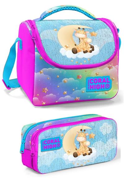 Coral High Kız Üç Bölmeli Okul Sırt Çantası Beslenme Çantası ve Kalemlik Seti - Mavi Pembe Zürafa