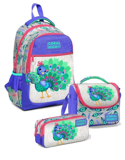 Coral High Kız Üç Bölmeli Okul Sırt Çantası Beslenme Çantası ve Kalemlik Seti - Mavi Yeşil Tavuskuşu