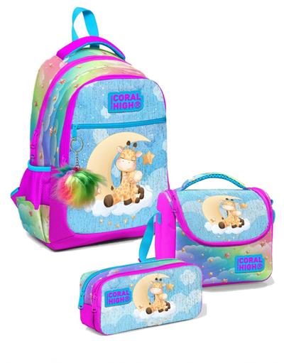 Coral High Kız Üç Bölmeli Okul Sırt Çantası Beslenme Çantası ve Kalemlik Seti - Mavi Pembe Zürafa