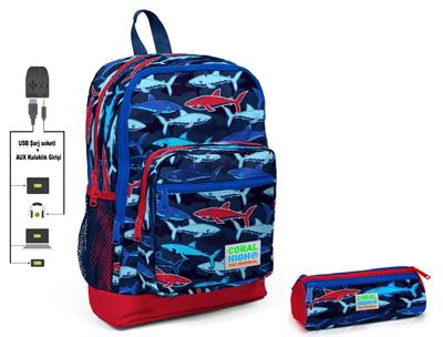 Coral High Köpekbalığı Baskılı İlkokul Sırt Çantası ve Kalemlik Seti - Erkek Çocuk