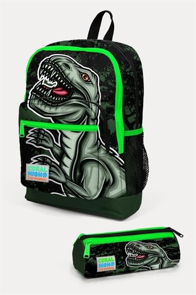 Coral High Koyu Yeşil Siyah Dinazor Desenli 2li Okul Çanta Seti - Erkek Çocuk