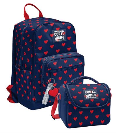 Coral High Lacivert Kırmızı Kalp Desenli (Kız Çocuk) Okul Sırt ve Beslenme Çantası Seti - SETYGN33229B