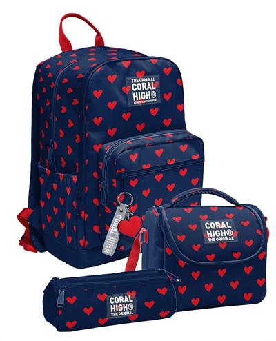 Coral High Lacivert Kırmızı Kalp Desenli Kız Çocuk İlkokul ve Ortaokul Üçlü Okul Çanta Seti SETYGN33229A