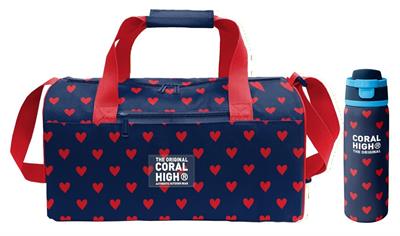 Coral High Lacivert Kırmızı Kalp Desenli Kız Çocuk Spor Çantası ve 800 ml Çelik Matara Seti 27547