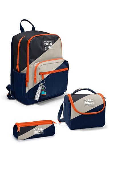 Coral High Lacivert Koyu Gri Bej Renkli 3lü Okul Çanta Seti SET0123693 - Erkek