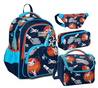 Coral High Lacivert Mavi Astronot Desenli Erkek Çocuk Dörtlü Okul Çanta Seti - İlkokul ve Ortaokul İçin Uygun