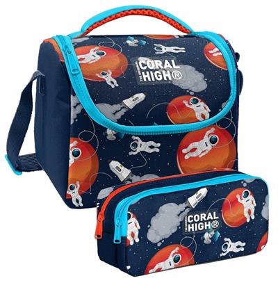 Coral High Lacivert Mavi Astronot Desenli Erkek Çocuk Isı Yalıtımlı Beslenme Çantası ve Kalemlik Seti