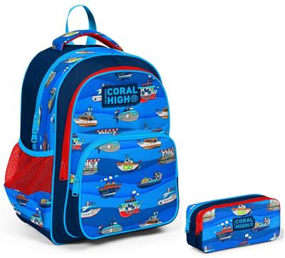 Coral High Lacivert Mavi Gemiler Erkek Çocuk İlkokul Sırt Çantası ve Kalemlik Seti