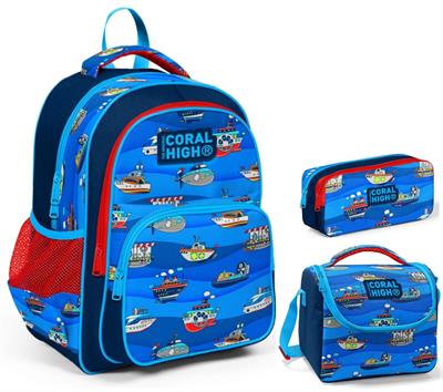 Coral High Lacivert Mavi Gemiler Erkek Çocuk Üçlü İlkokul Okul Çanta Seti