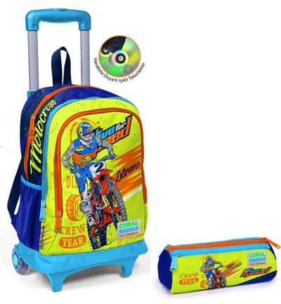 Coral High Lacivert Motorsiklet Tekerlekli Okul Çantası ve Kalemlik Seti - Erkek Çocuk