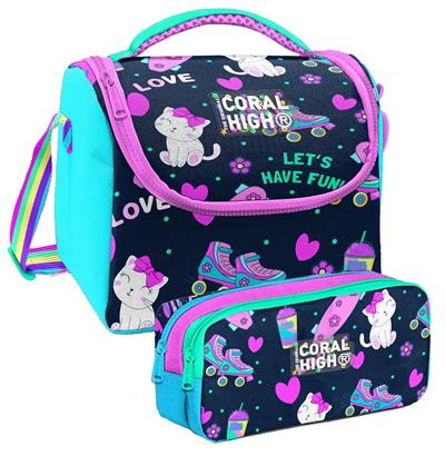 Coral High Lacivert Pembe Kedili Desenli Kız Çocuk Isı Yalıtımlı Beslenme Çantası ve Kalemlik Seti