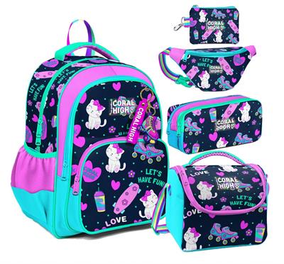 Coral High Lacivert Pembe Kedili Desenli Kız Çocuk Beşli Okul Çanta Seti - İlkokul ve Ortaokul İçin Uygun