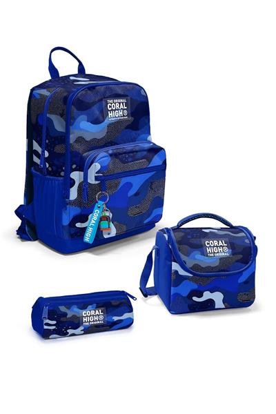 Coral High Lacivert Saks Kamuflaj Desenli 3lü Okul Çanta Seti SET0123689 - Erkek