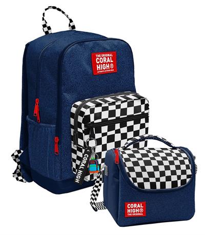 Coral High Lacivert Siyah Beyaz Dama Desenli (Erkek Çocuk) Okul Sırt ve Beslenme Çantası Seti - SETYGN33234B