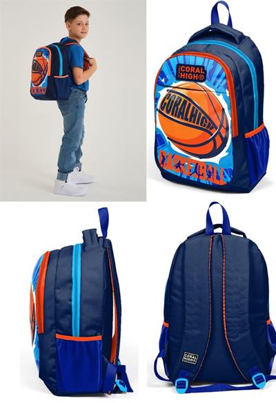 Coral High Lacivert Turuncu Basketbol Üçlü İlkokul Okul Çanta Seti - Erkek Çocuk