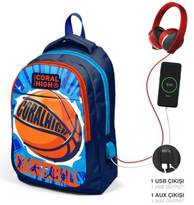 Coral High Lacivert Turuncu Erkek  USB Çıkışlı İlkokul ve Ortaokul Sırt Çantası