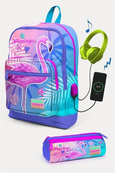 Coral High Lavanta Pembe Flamingo Desenli USBli 2li Okul Çanta Seti - Kız Çocuk