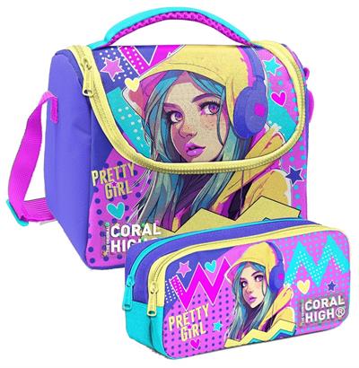 Coral High Lavanta Turkuaz Kulaklıklı Kız Desenli Kız Çocuk Isı Yalıtımlı Beslenme Çantası ve Kalemlik Seti