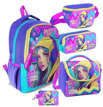 Coral High Lavanta Turkuaz Kulaklıklı Kız Desenli Kız Çocuk Beşli Okul Çanta Seti - İlkokul ve Ortaokul İçin Uygun