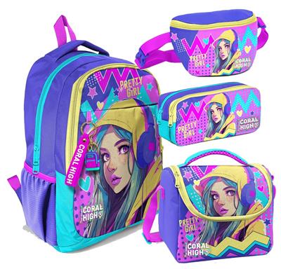 Coral High Lavanta Turkuaz Kulaklıklı Kız Desenli Kız Çocuk Dörtlü Okul Çanta Seti - İlkokul ve Ortaokul İçin Uygun